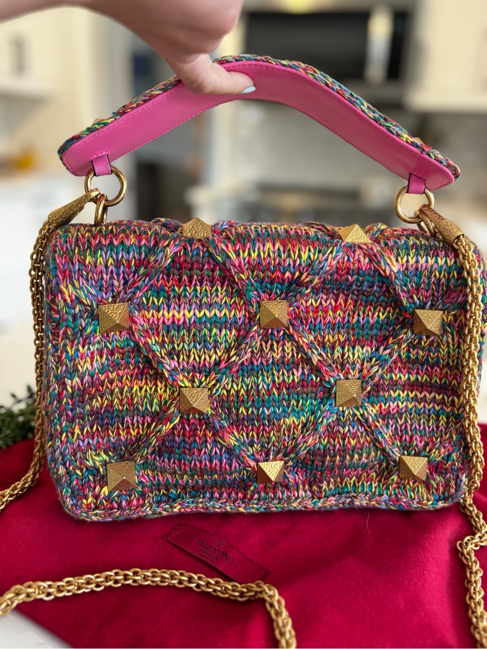 Valentino Multicolor Knit Shoulder Bag with Pink Top Handle and Gold Hardware - Picture 7 of 9